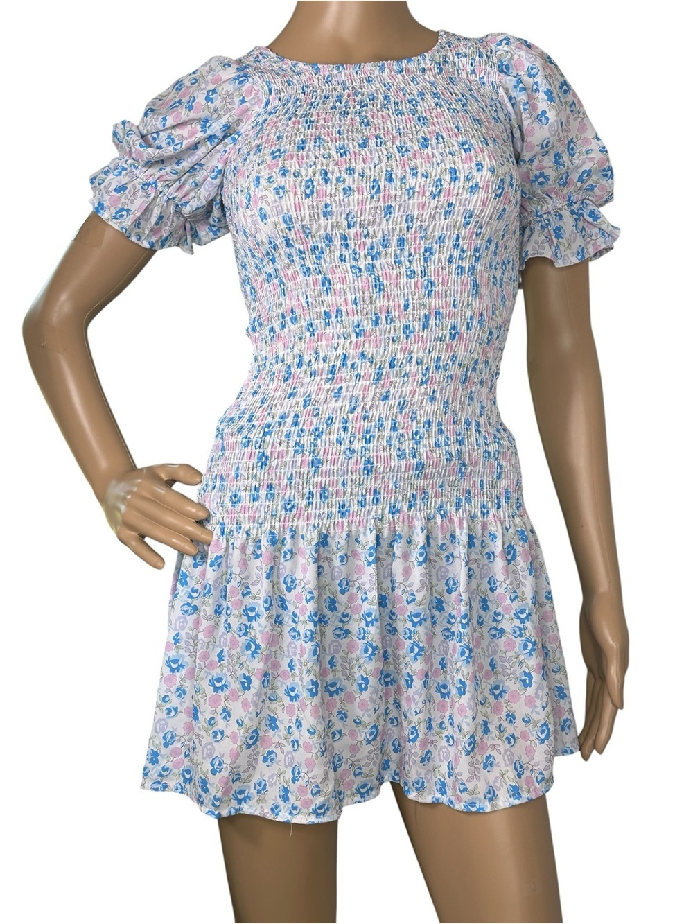 Goodnight Macaroon Smocked Floral Mini Dress in Blue & Pink